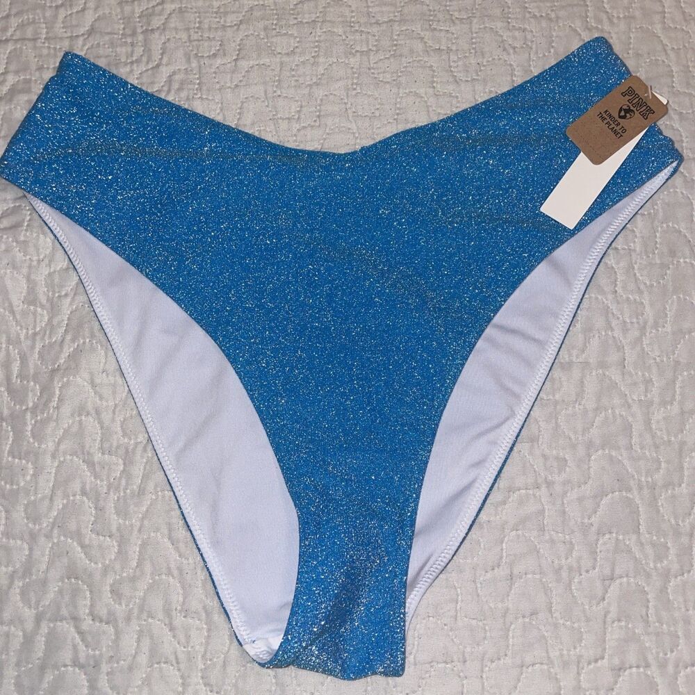 VS New PINK Swim Bikini Bottom M Blue Silver Glitter Shimmer Mid Rise